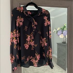 Navy button down blouse with pink floral & ruffle